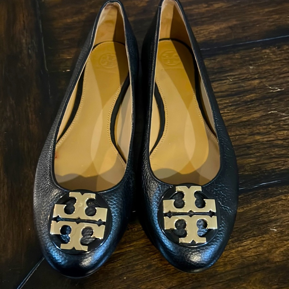 Tory Burch Black Flats with Gold Logo